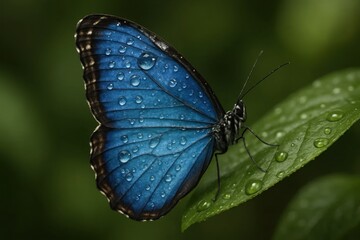 Obraz premium A Blue Butterfly Rests on a Glistening Leaf in the Midst of Lush Green Vegetation