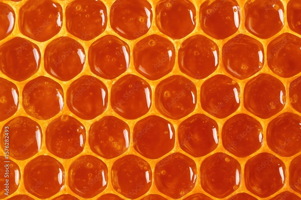 Poster close-up of a honeycomb pattern with glossy, translucent hexagons filled with honey