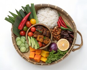 Rustic food basket with BBQ Tempeh Bowl and assorted organic dishes on white background for editorial use