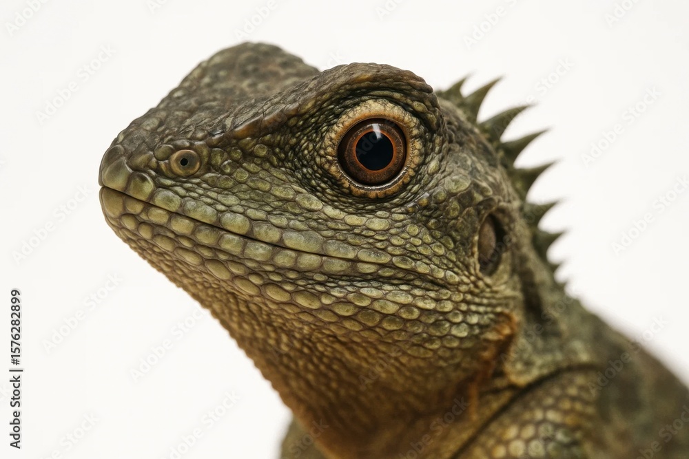 Poster a close-up of a reptilian creature with a captivating gaze, showcasing its textured scales and disti