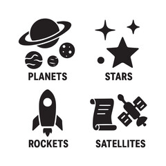 Space exploration icons featuring planets rockets stars and satellites vector