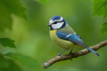 A blue-and-yellow European Bluebird perches on a branch amidst the verdant greens, embodying serene nature's beauty