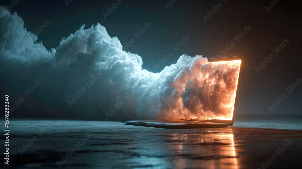 Poster a glowing, futuristic cloud made of light and wireframe lines rises from an open laptop, symbolizing