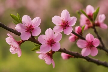 Obraz premium A delicate dance of pink blossoms in springtime, captured with a soft focus that highlights their vibrant colors and gentle petals