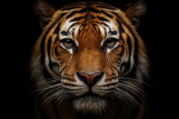 The majestic gaze of a tiger in stark contrast against a dark backdrop