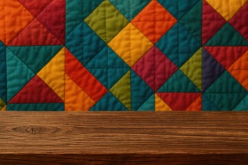 Fototapeta premium A vibrant quilt wall with a wooden table in the foreground