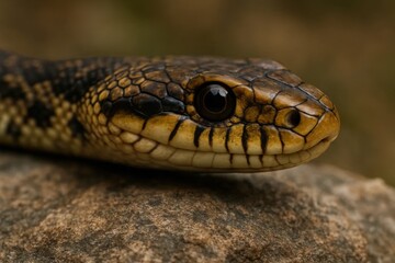 Obraz premium A snake's gaze meets the camera on a rocky surface