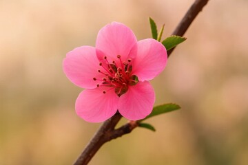 Obraz premium A delicate pink blossom stands out against a softly blurred backdrop, capturing the essence of springtime
