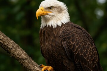 Obraz premium A majestic bald eagle perches on a tree branch, its keen eyes surveying its surroundings with an air of quiet authority