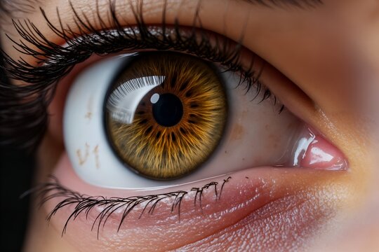 Photorealistic extreme close-up of a human eye with a vibrant, multi-colored iris (e.g., amber, brown, blue), showcasing intricate radial patterns and textures within the iris