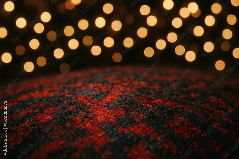 Poster a close-up of a textured fabric surface with a pattern of red and black hues, illuminated by warm bo