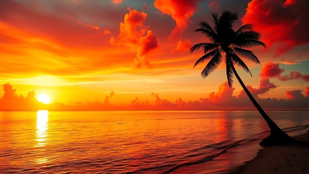 A tropical sunset featuring a palm tree silhouetted against a vibrant orange and yellow sky over the ocean