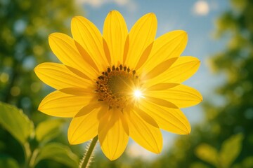 Obraz premium A Radiant Yellow Daisy in Full Bloom Against a Blur of Green