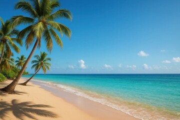 Obraz premium A serene tropical beach with pristine sand and crystal-clear turquoise waters, under a vast blue sky dotted with fluffy white clouds