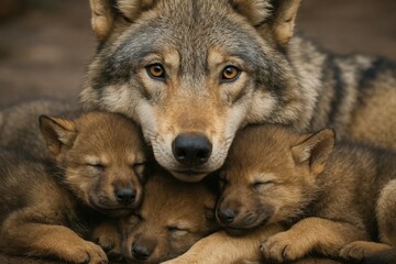 Obraz premium A Mother Wolf with Her Pups