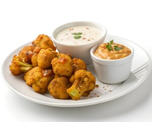 Spicy curry cauliflower bites served with yogurt sauce on clean white plate