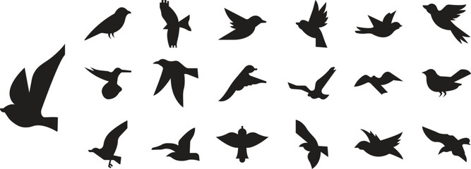 Flying sparrows vector icons set, bird, swallow, and small songbird collection, solid graphic group, editable design elements for nature, wildlife, freedom, and decorative projects