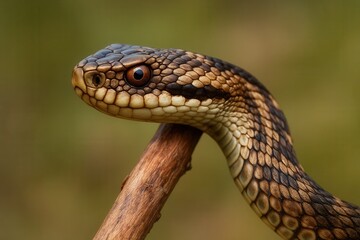 Obraz premium A snake's head rests gently on a branch, its scales shimmering with the soft light of day