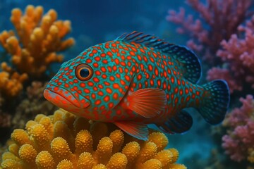 A vibrant red-spotted fish with a captivating pattern of green and blue scales swims gracefully amongst the colorful corals of an underwater reef