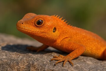 Obraz premium An Orange Lizard with Piercing Eyes Perches on a Rocky Surface