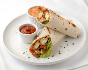 Spicy harissa chicken wrap served with dipping sauce on white ceramic plate