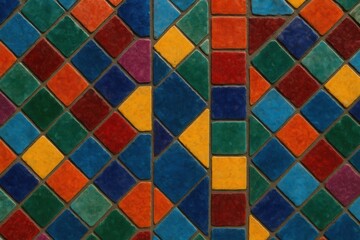 A mosaic of tiles in hues of red, blue, green, yellow, and purple, meticulously arranged to create a mesmerizing pattern