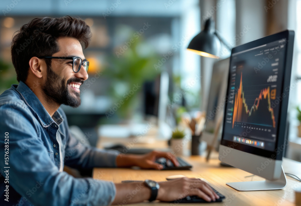 Poster smiling man with glasses working at desk with computer displaying stock market data. finance and tra