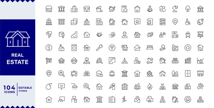 Real Estate outline icons with editable stroke collection. Includes House, Villa, Mortgage, Realtor, Amenities,Editable stroke. Vector illustration - Powered by Adobe