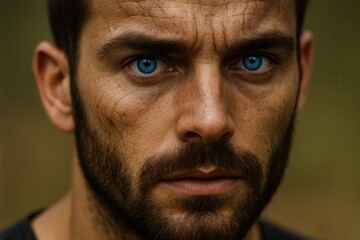 Fototapeta premium A close-up portrait of a man with piercing blue eyes, set against a blurred green backdrop