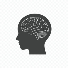 Stylized dark human head silhouette with a detailed white outline of the brain inside symbolizing thought and intelligence silhouette