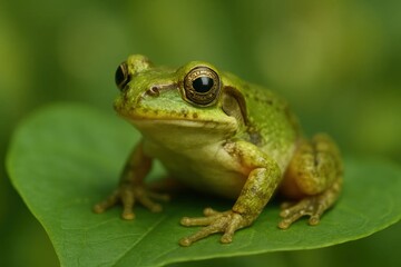 Obraz premium Amidst the verdant embrace of nature, a vibrant green frog sits poised on a leaf, its eyes reflecting the world around it with an air of curiosity and tranquility