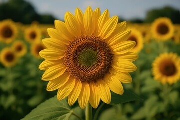 A Close-Up of a Vibrant Sunflower in Full Bloom Against a Blurred Backdrop of Lush Fields