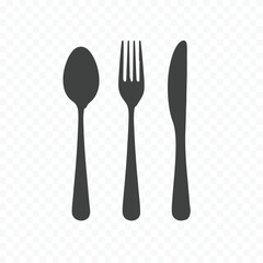 A simple dark silhouette of a spoon fork and knife arranged vertically on a transparent background