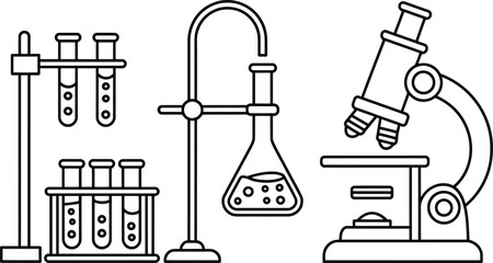 Obraz premium Scientific Research Microscope, Test Tubes, and Erlenmeyer Flask Illustrations