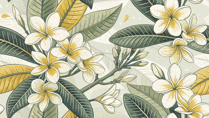 Vector illustration of seamless pattern frangipani in white and yellow for printing on fabric or wallpaper.