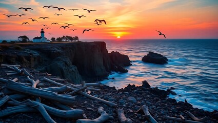 A scenic view of a lighthouse on a cliff with birds flying during a vibrant sunset over the ocean horizon