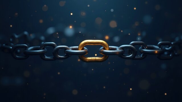 Golden Link on Dark Chain Background with Sparkling Bokeh Effects