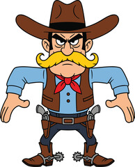 Cartoon cowboy character, yellow mustache, red bandana, dual revolvers, western outfit, confident pose, wild west illustration, vector artwork