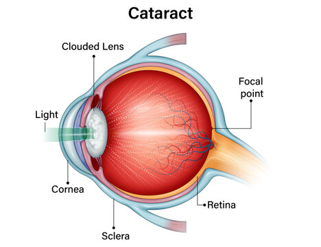 Cataract Eye Diagram &ndash; Clouded Lens and Light Obstruction Medical Illustration