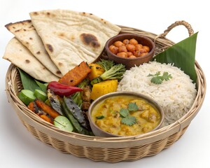 Traditional basket filled with coconut curry rice and grilled vegetables white background