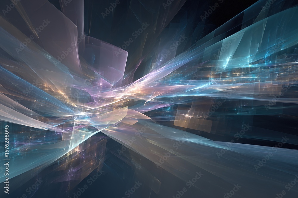 Poster abstract fractal landscape glowing multifaceted planes light streams creating futuristic perspective