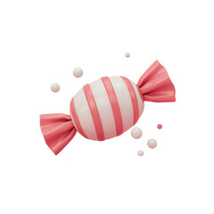 A delightful pink and white striped candy with playful white spheres floating around it isolated on transparent background