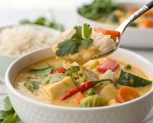 Close up spoonful of coconut curry with vegetables and rice in white background