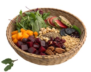 Rustic winnowing basket with beet salad grains and greens on white background