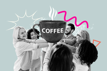 Sketch template design collage of young lady man highfive hold cup coffee break teamwork meeting business corporate strategy brainstorming