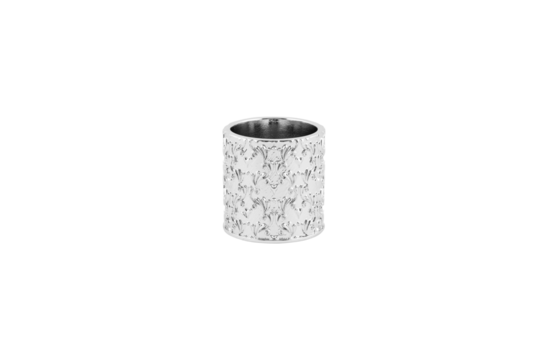 Elegant silver cylinder with ornate floral pattern isolated on transparent background