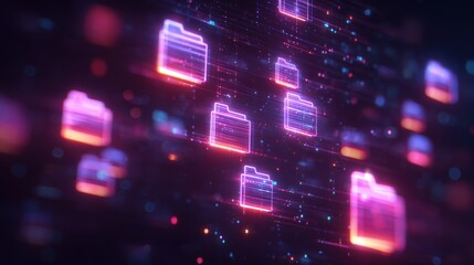 Fototapeta premium Abstract network grid with files and folders, futuristic software interface, digital document management system, store, search and organize documents, corporate business, paperless office