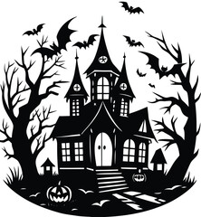 Spooky Halloween Haunted House Illustration Bats, Pumpkins, and Creepy Trees
