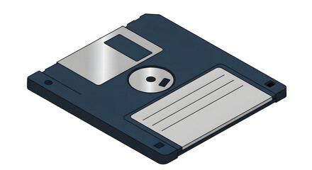Isometric vector illustration of a vintage 3.5-inch floppy disk in dark blue and silver, symbolizing old computer technology and data storage.