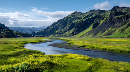 Glacial River With Mossy Volcanic Cliffs And Wildflowers For Painterly Editorial Or Campaign